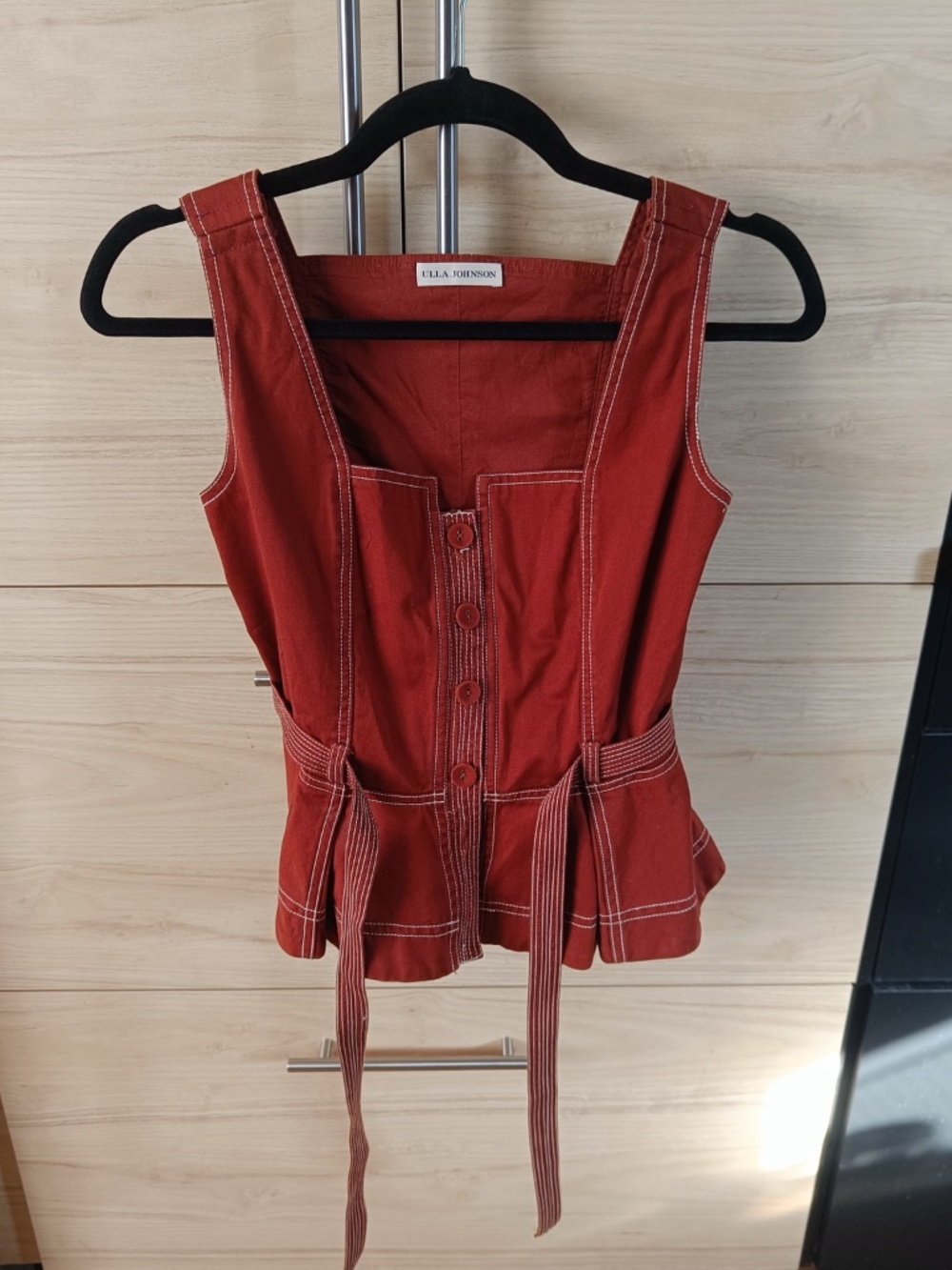 Ulla Johnson Denia Belted Topstitched Cotton-Twill Peplum Top